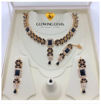 Elegance Premium Quality Zarcon Bridal Jewellery Set - Beautiful Zarcon Necklace - Drop Earrings Pair & Tika Jewellery Set