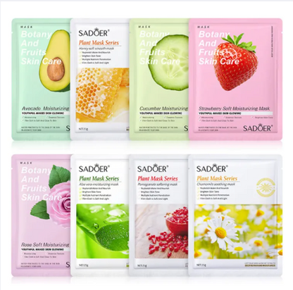 Pack of 10 / 5 Fruit Plant Extract Moisturizing Brighten Facial Sheet Masks Hydrating, Radiance Boost, Calming, Skin Care Sheet Masks (RANDOM)