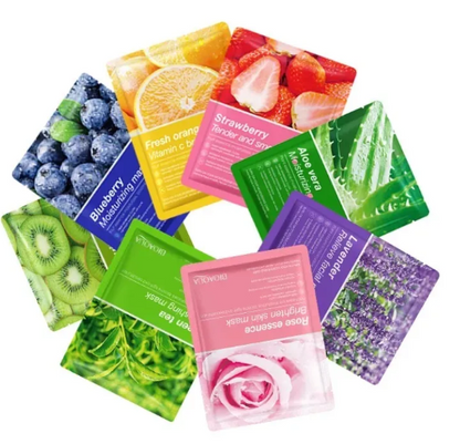 Pack of 10 / 5 Fruit Plant Extract Moisturizing Brighten Facial Sheet Masks Hydrating, Radiance Boost, Calming, Skin Care Sheet Masks (RANDOM)