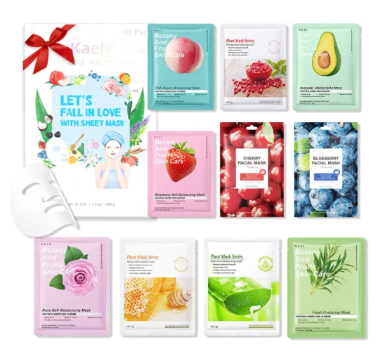 Pack of 10 / 5 Fruit Plant Extract Moisturizing Brighten Facial Sheet Masks Hydrating, Radiance Boost, Calming, Skin Care Sheet Masks (RANDOM)