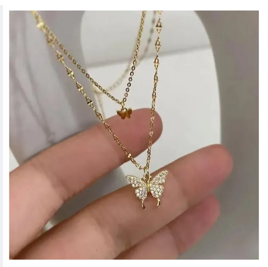 Shiny Double Chain Butterfly Necklace for Girls Exquisite Double Clavicle Chain Necklace for Women Crystal Elegant Wedding Jewelry Gifts