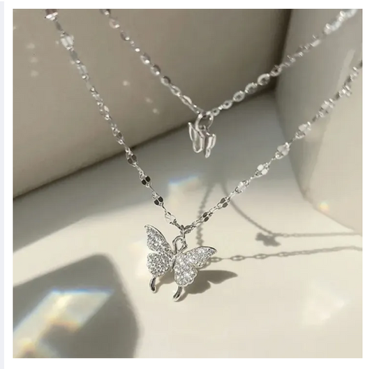 Shiny Double Chain Butterfly Necklace for Girls Exquisite Double Clavicle Chain Necklace for Women Crystal Elegant Wedding Jewelry Gifts